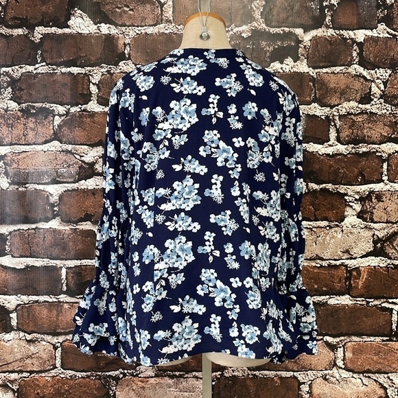 Michael Kors Blouse Top Shirt Womens XL Extra Large Blue Floral Button Peasant - Picture 11 of 14